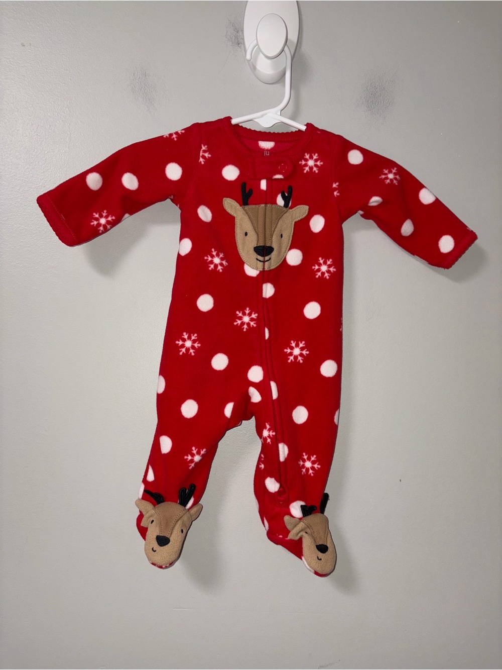 Carters Red Fleece Reindeer Polka Dots Snowflake Festive Christmas Footie NB